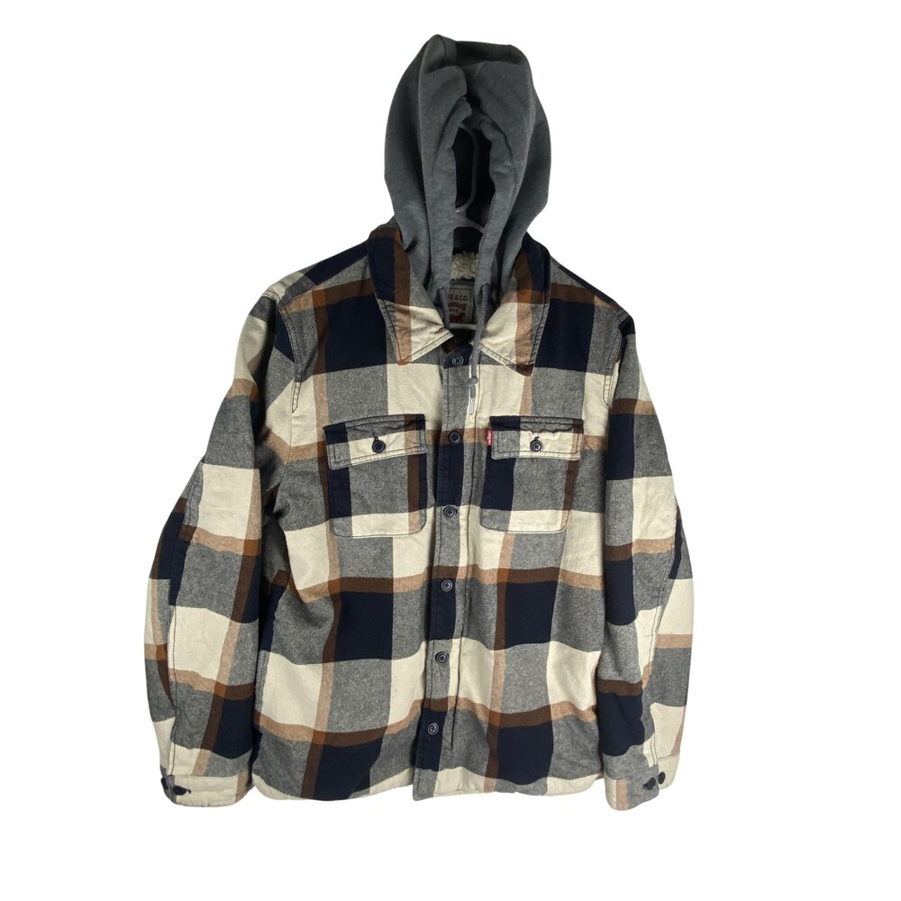 Levi's Jacket Mens Medium Navy Tan Plaid Sherpa Lined Hooded Flannel Warm